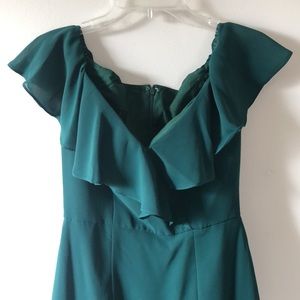 Social Bridesmaids Off-the-Shoulder Draped Ruffle Faux Wrap Trumpet Gown